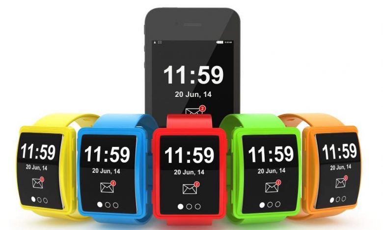 big-conceptual-multicolour-smart-watches-with-mobile-phone-white-background